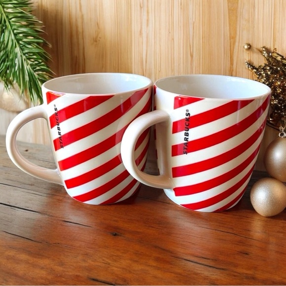 STARBUCKS Candy Stripe Red & White Christmas Mugs - 12oz (Set of 2) - Picture 1 of 10